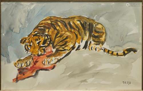 SADJI (SHA QI, SHA YINNIAN) (1914-2005), A TIGER EATING, WATERCOLOUR ON PAPER