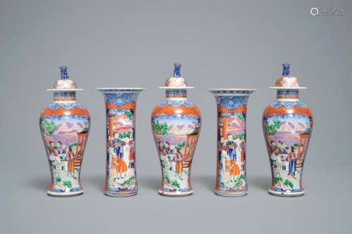 A FAMILLE ROSE-STYLE FIVE-PIECE GARNITURE WITH MANDARIN DESIGN, SAMSON, PARIS, 19TH C.