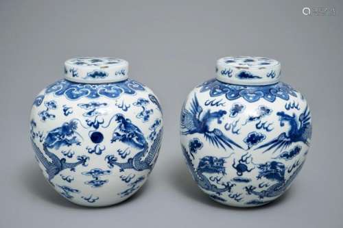 TWO CHINESE BLUE AND WHITE 'DRAGON AND PHOENIX' JARS, 19TH C.