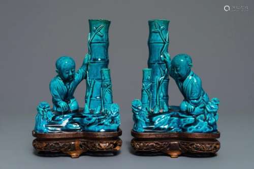 A PAIR OF CHINESE TURQUOISE GLAZED INCENSE HOLDERS ON WOODEN STAND, 19TH C.
