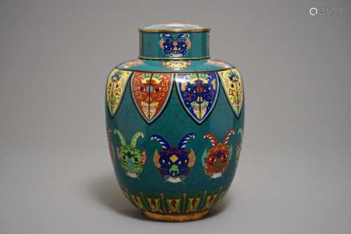 A CHINESE CLOISONNE JAR AND COVER WITH TAOTIE MASKS, 19TH C.