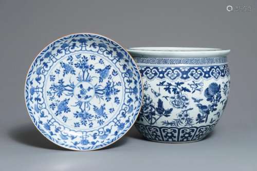 A CHINESE BLUE AND WHITE DISH AND A FISH BOWL WITH FLORAL DESIGN, KANGXI AND 19TH C.