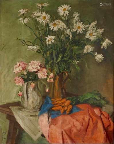 SADJI (SHA QI, SHA YINNIAN) (1914-2005), A STILL LIFE WITH FLOWERS AND CARROTS, OIL ON CANVAS, DATED 1945