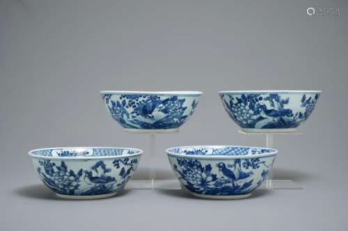 FOUR CHINESE BLUE AND WHITE BOWLS WITH BIRDS, BUTTERFLIES AND FLOWERS, 19TH C.