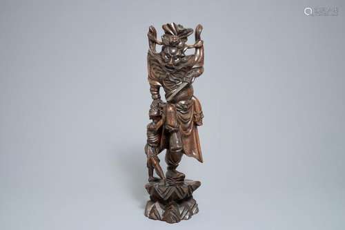 A TALL CHINESE SILVER-INLAID WOODEN FIGURE OF ZHONG KUI, 19TH C.