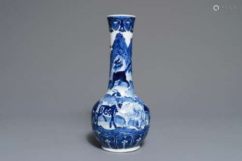 A CHINESE BLUE AND WHITE BOTTLE VASE WITH ANIMALS, XUANDE MARK, 19TH C.