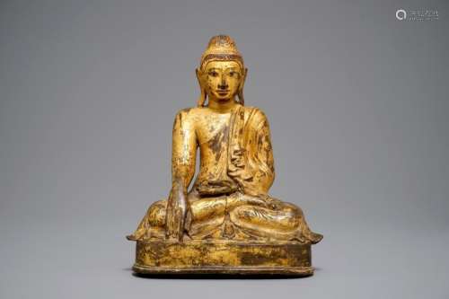 A LARGE BURMESE INLAID, GILT AND LACQUERED BRONZE MANDALAY-STYLE BUDDHA, 19TH C.