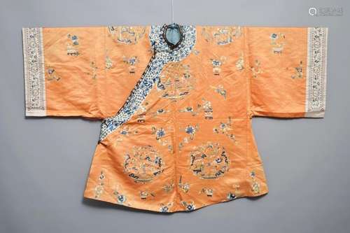 A CHINESE ORANGE-GROUND EMBROIDERED SILK ROBE, 19TH C.