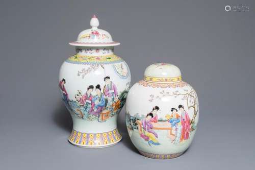 A CHINESE FAMILLE ROSE COVERED JAR AND VASE WITH FINE FIGURAL DESIGN, QIANLONG MARKS, REPUBLIC, 20TH C.