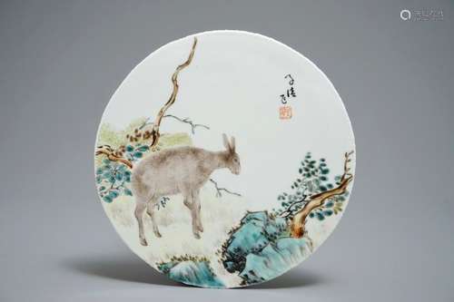 A ROUND CHINESE QIANJIANG CAI PLAQUE WITH A DONKEY, 20TH C.