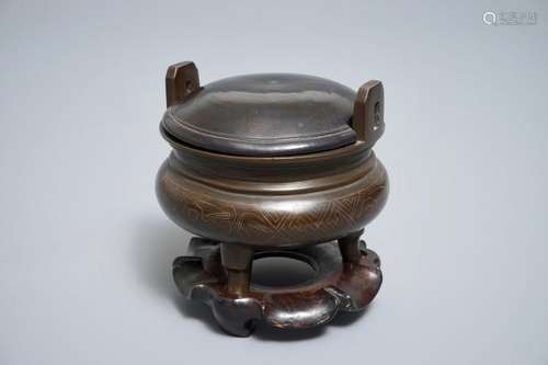 A CHINESE SILVER-INLAID BRONZE INCENSE BURNER ON STAND, 19TH C.