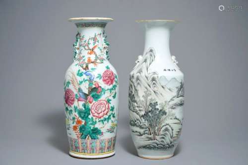 TWO CHINESE FAMILLE ROSE AND QIANJIANG CAI VASES, 19/20TH C.