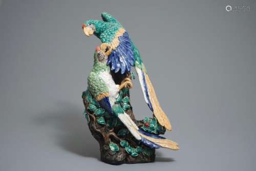 A LARGE CHINESE SHIWAN POTTERY GROUP OF PARROTS, IMPRESSED MARK, 20TH C.