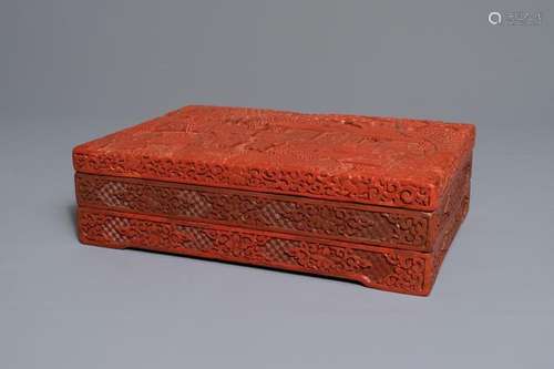 A RECTANGULAR CHINESE CINNABAR LACQUER THREE-TIER BOX AND COVER WITH FIGURES IN A GARDEN, 19TH C.