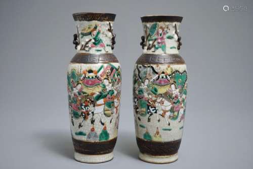 A PAIR OF CHINESE NANKING FAMILLE ROSE CRACKLE-GLAZED VASES, 19TH C.
