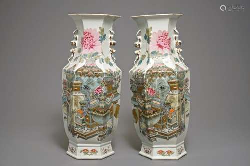 A PAIR OF CHINESE HEXAGONAL QIANJIANG CAI VASES WITH ANTIQUITIES DESIGN, SIGNED XU PINHENG, 19/20TH C.