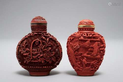 TWO CHINESE CINNABAR LACQUER SNUFF BOTTLES, QIANLONG MARKS, 19TH C.