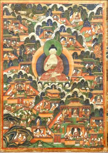 A THANGKA WITH SCENES FROM THE LIFE OF BUDDHA, TIBET OR MONGOLIA, 18/19TH C.