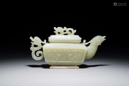A CHINESE SILVER-MOUNTED JADE 'DRAGON AND PHOENIX' TEAPOT, 19TH C