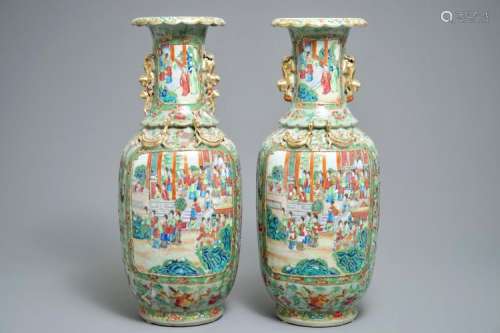 A PAIR OF CHINESE CANTON FAMILLE ROSE CELADON-GROUND VASES, 19TH C.