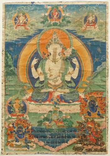 A THANGKA WITH THE FOUR-ARMED AVALOKITESHVARA, TIBET, 18/19TH C.