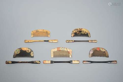 TEN SETS OF JAPANESE LACQUER KUSHI COMBS AND KOUGAI HAIR PINS, MEIJI, 19TH C.