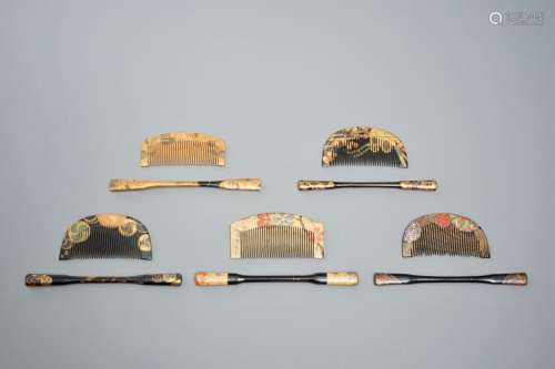 TEN SETS OF JAPANESE LACQUER KUSHI COMBS AND KOUGAI HAIR PINS, MEIJI, 19TH C.