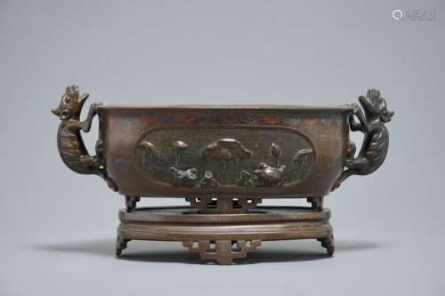 A CHINESE SILVER-INLAID BRONZE JARDINIÈRE ON STAND, 19TH C.