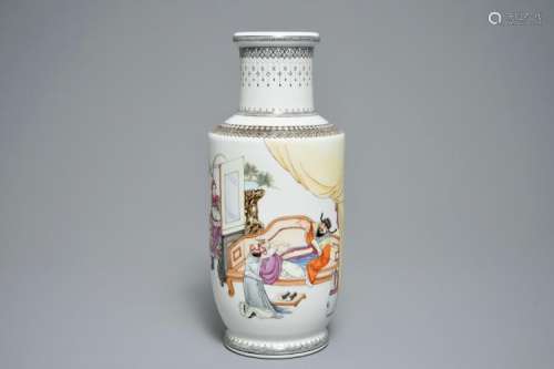 A FINE CHINESE FAMILLE ROSE ROULEAU VASE WITH FIGURES, QIANLONG MARK, REPUBLIC 20TH C.