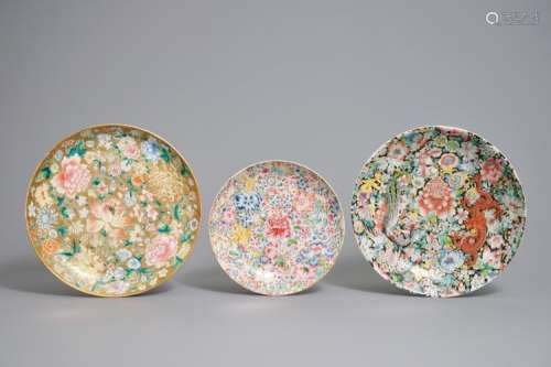 THREE CHINESE FAMILLE ROSE MILLEFLEURS DISHES, QIANLONG MARKS, REPUBLIC, 20TH C.