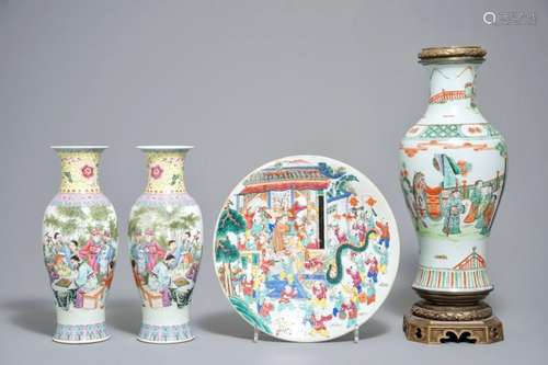 THREE CHINESE FAMILLE ROSE AND VERTE VASES AND A 'HUNDRED BOYS' DISH WITH PLAYING BOYS, 19/20TH C.