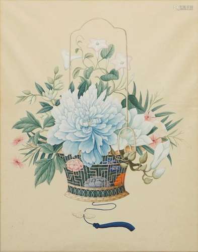 A CHINESE WATERCOLOUR OF A FLOWER BASKET, CANTON, 2ND HALF 19TH C.