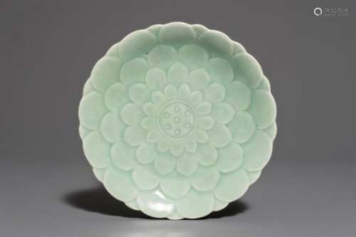 A CHINESE CELADON-GLAZED LOTUS DISH, QIANLONG MARK AND OF THE PERIOD