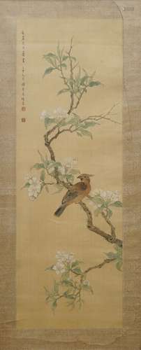 XIE YUEMEI (1906-1998), A BIRD ON A BLOSSOMING BRANCH, WATERCOLOUR ON TEXTILE