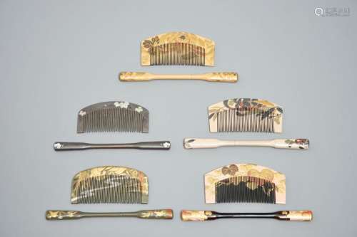 TWELVE SETS OF JAPANESE LACQUER KUSHI COMBS AND KOUGAI HAIR PINS, MEIJI, 19TH C.