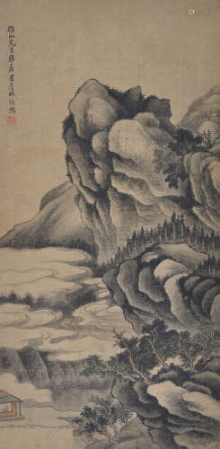 Chinese ink painting on silk scroll, attributed to Lin Shu.