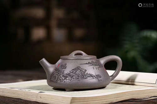 A DARK VIOLET MARL PURPLE CLAY TEAPOT