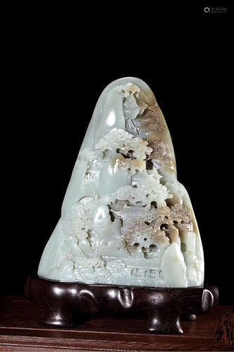 A HETIAN JADE SEED MATERIAL ORNAMENT WITH A RED SANDALWOOD BASE