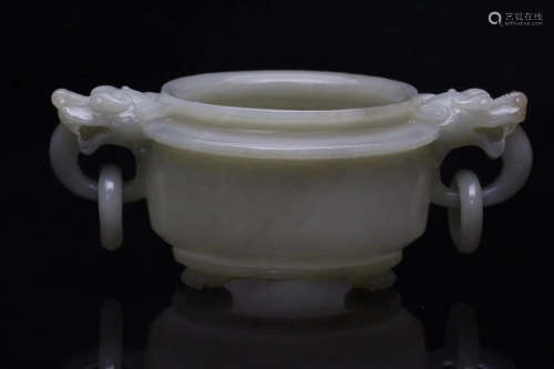 AN OLD TIBETAN HETIAN JADE SEED MATERIAL TRIPLE FEET CENSER