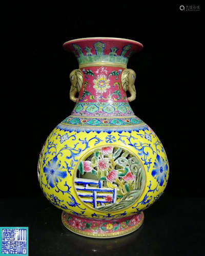 ENAMELED ELEPHANT-EAR VASE WITH QIANLONG MARK