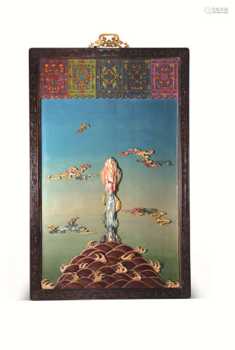 20世纪 彩绘砗磲寿山福海漆屏 （一对）