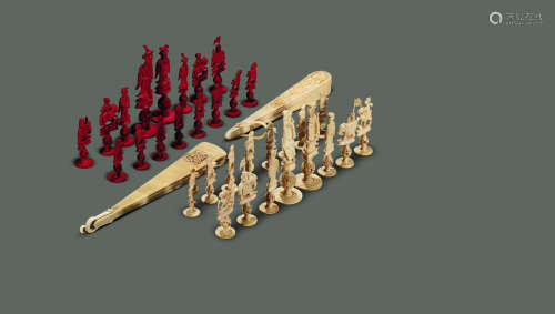 清 象牙高浮雕折扇、象棋