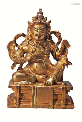 清 铜鎏金錾藏文财神像