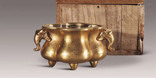 清中期 铜鎏金海棠双耳琴炉