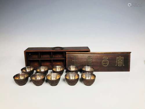 Set Of 10 Coconnut Shell Wine Cup In Wood Box