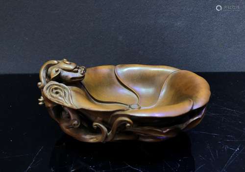 Carved Boxwood Brush Washer With Dragon