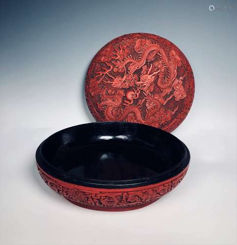 A Finely Carved Large Cinnabar Dragon Box