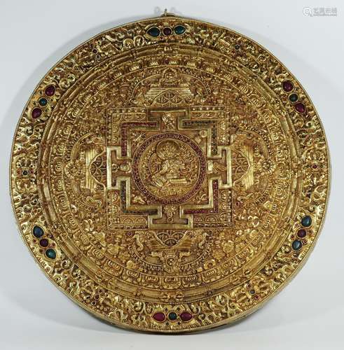 Gilt Bronze Mirror With Buddhist Design and Inlay