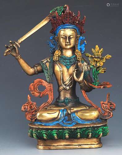 A ENAMEL COLOR GILT-BRONZE MANJUSRI BUDDHA