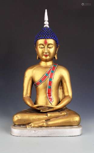 A TALL GILT-BRONZE TIBETAN BUDDHA